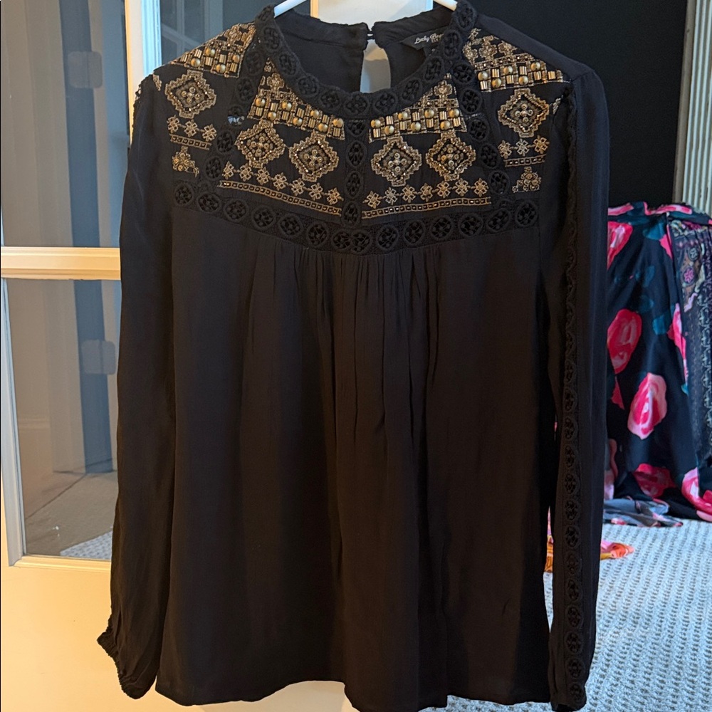 Lucky Brand Black and Gold Embroidered Blouse
